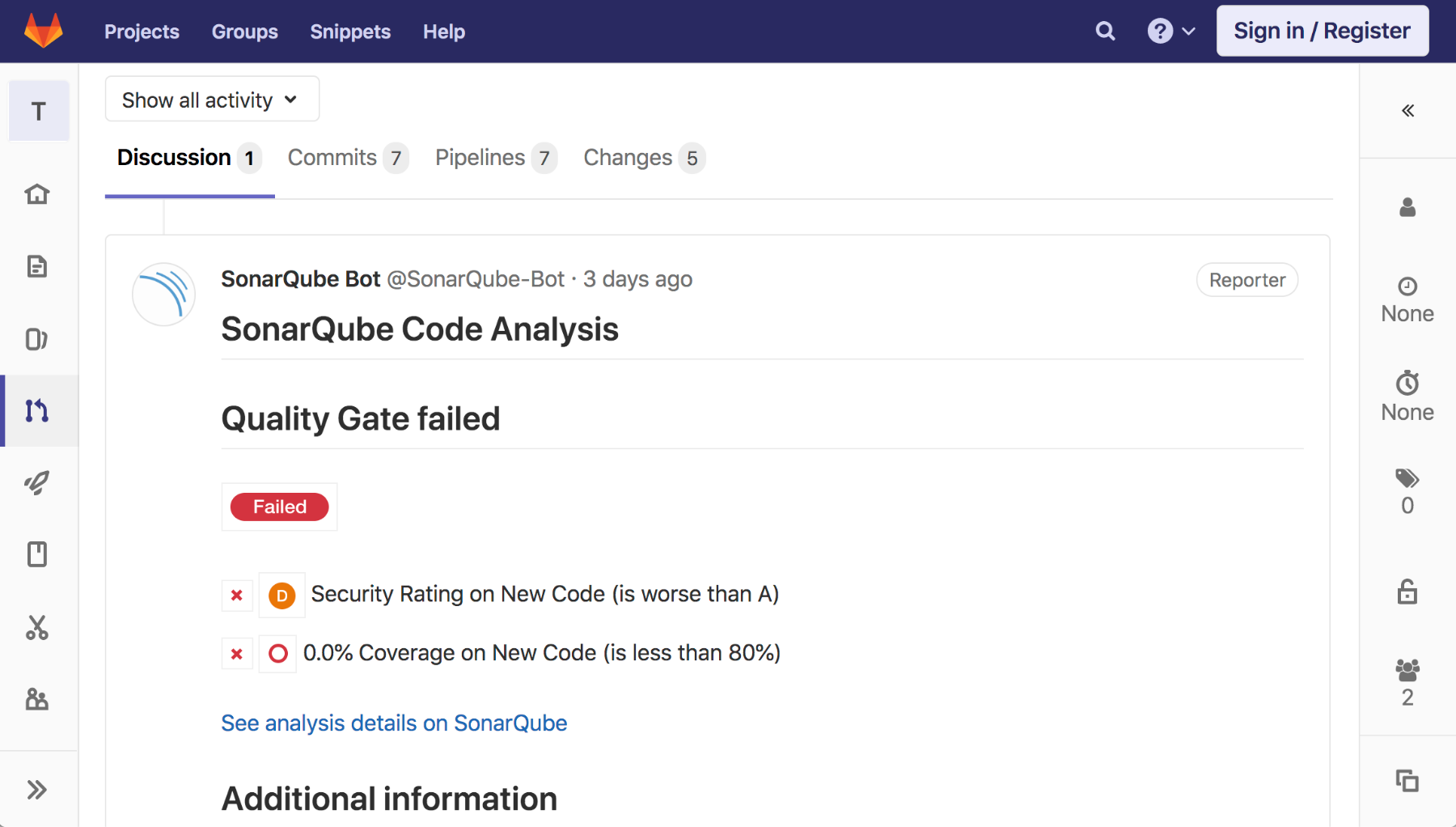 Screenshot Merge Request que no pasa el Quality Gate en GitLab