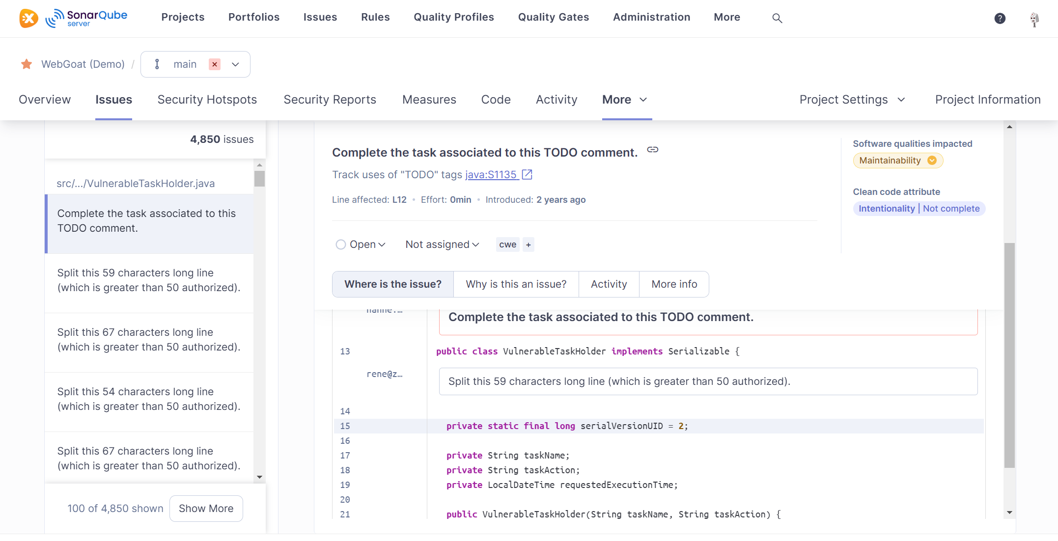 Captura de pantalla de una issue en SonarQube