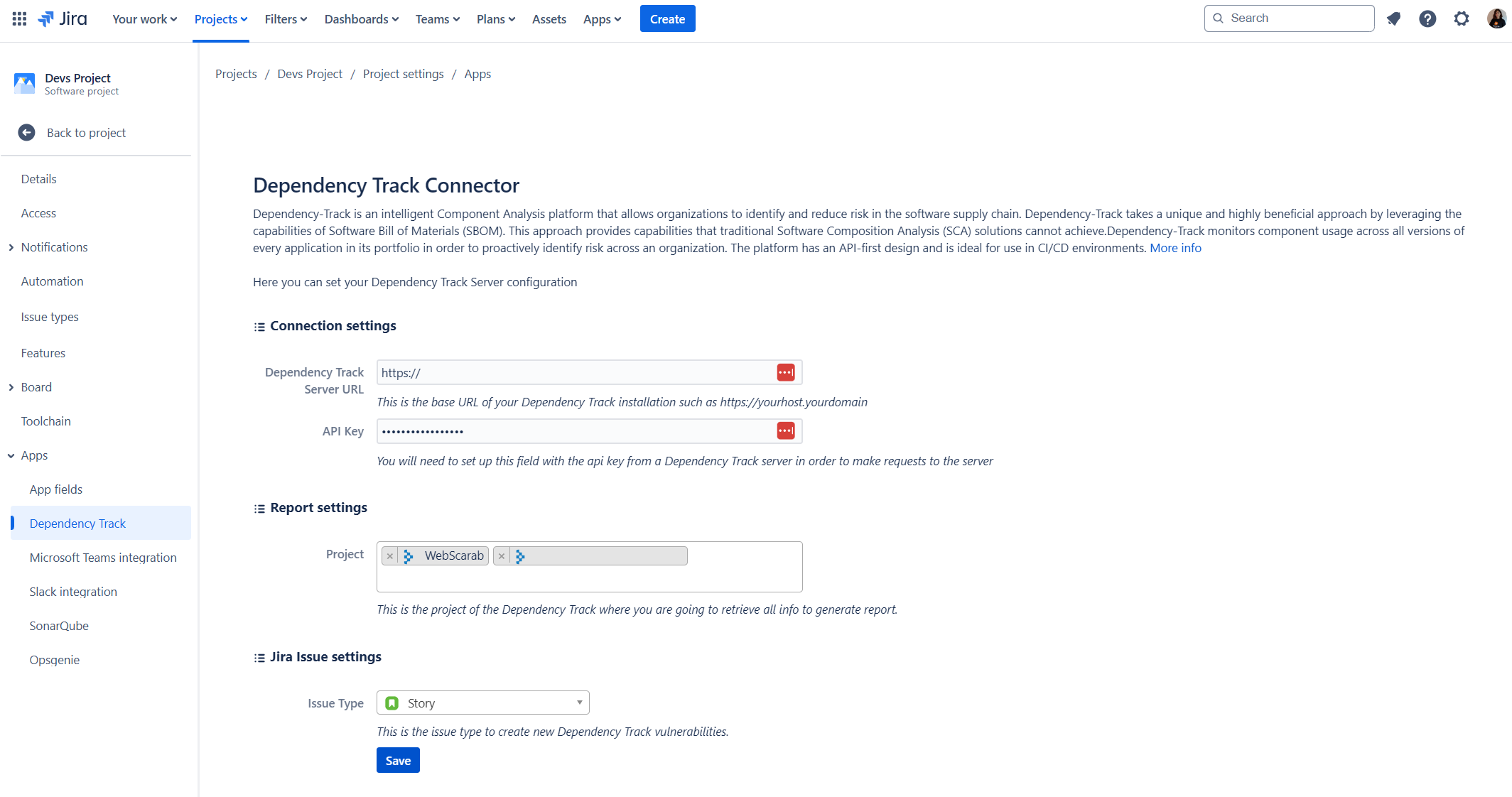 Configuration Dependency Track Connector For Jira 1.1