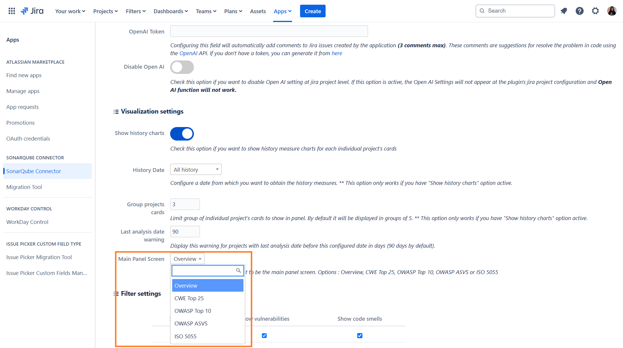 SonarQube Connector for Jira Cloud Main Panel Screen