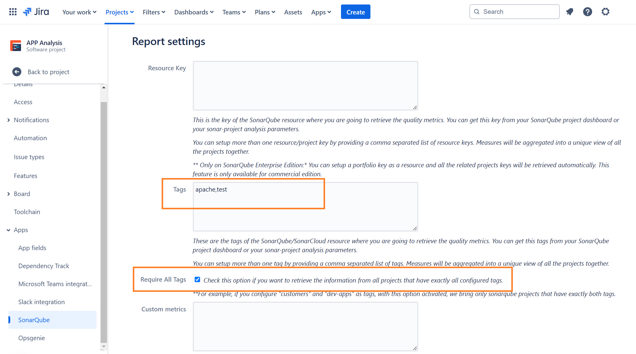 SonarQube Connector for Jira Cloud Require All Tags