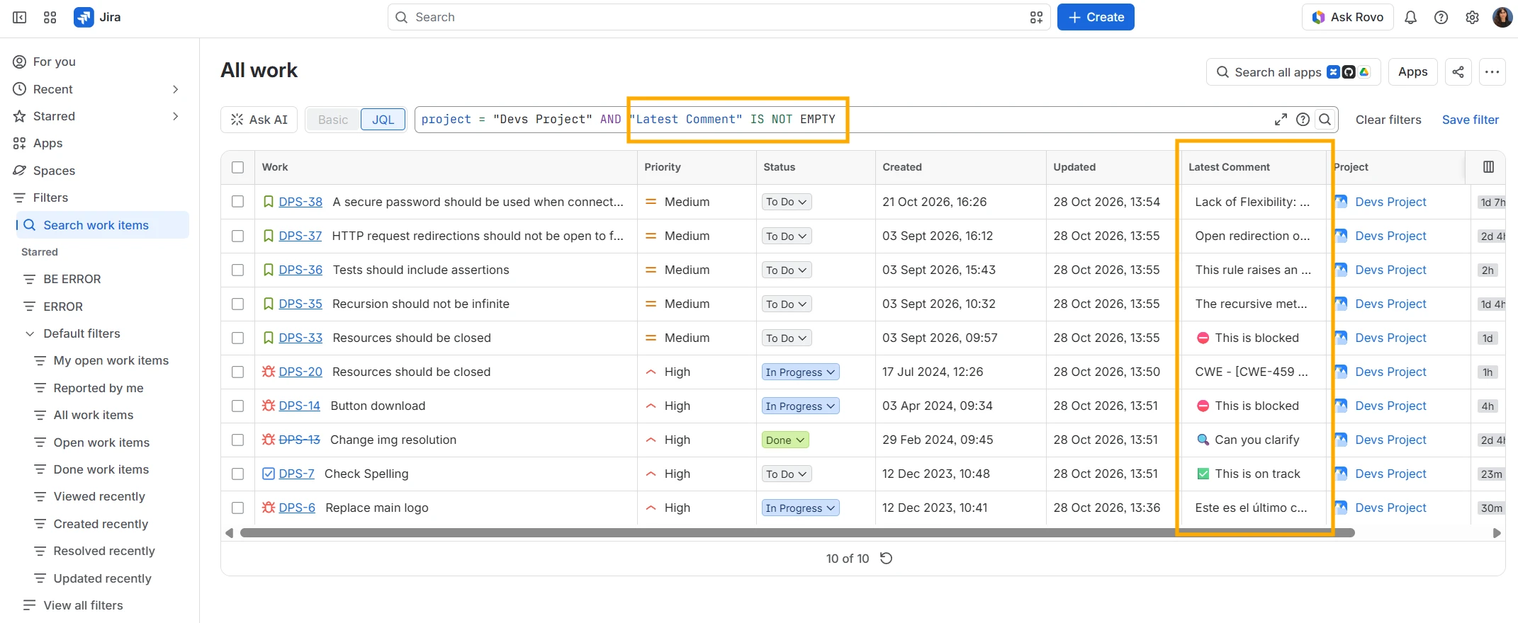 Latest Comment Field Work Item view JQL