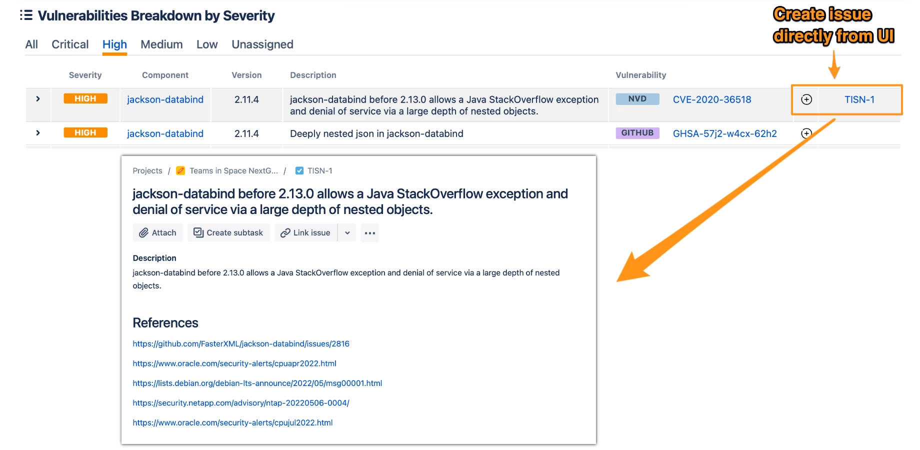 create issues in jira directly from dependency track vulnerabilities