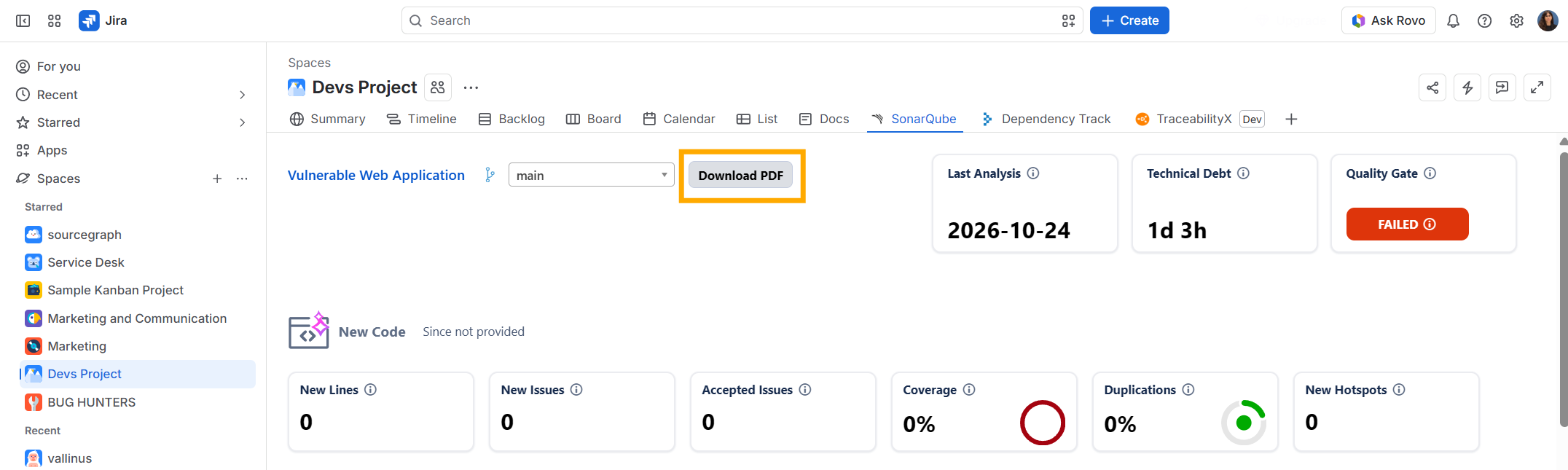 Botón para descargar un informe PDF de SonarQube desde Jira