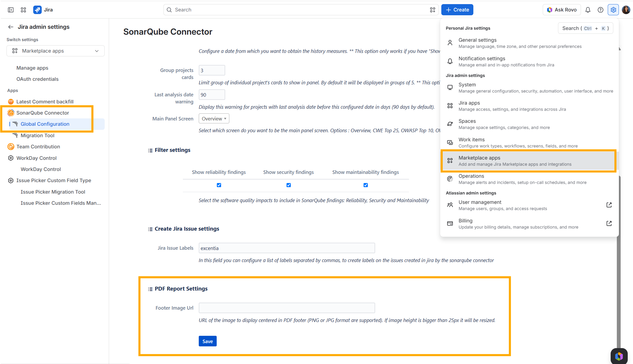Configuración del pie de página del PDF SonarQube Connector for Jira