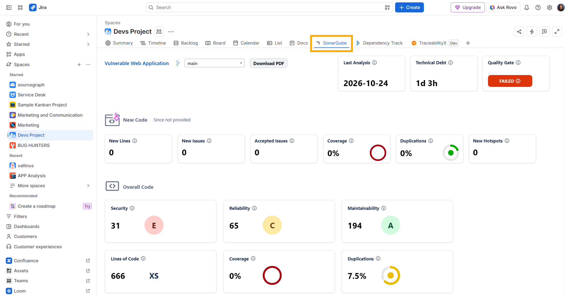 Pestaña SonarQube dentro de un espacio de Jira