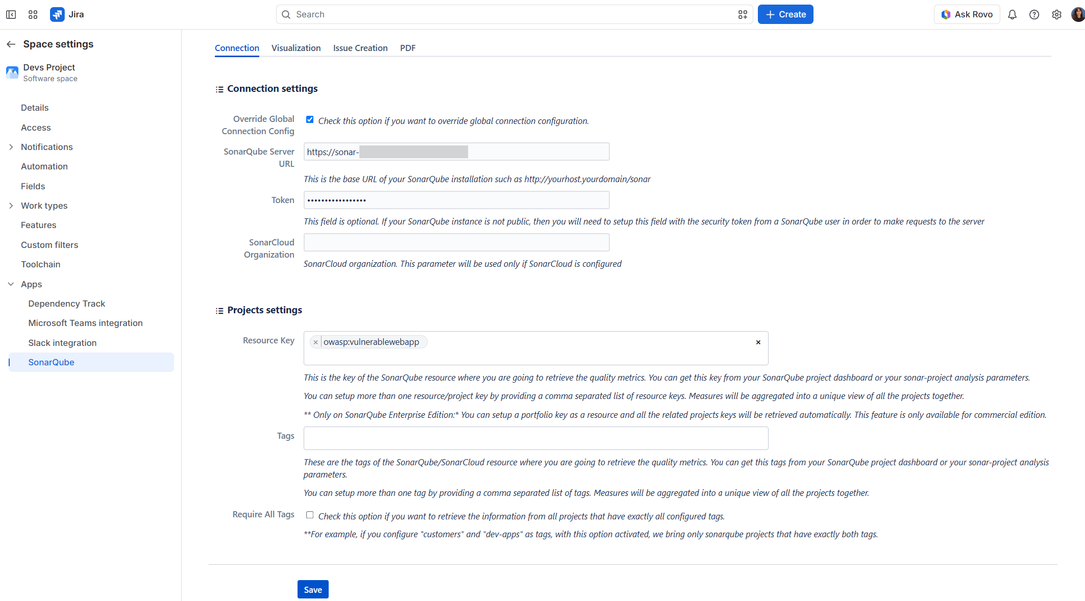 Configuración de la conexión de SonarQube para un espacio de Jira
