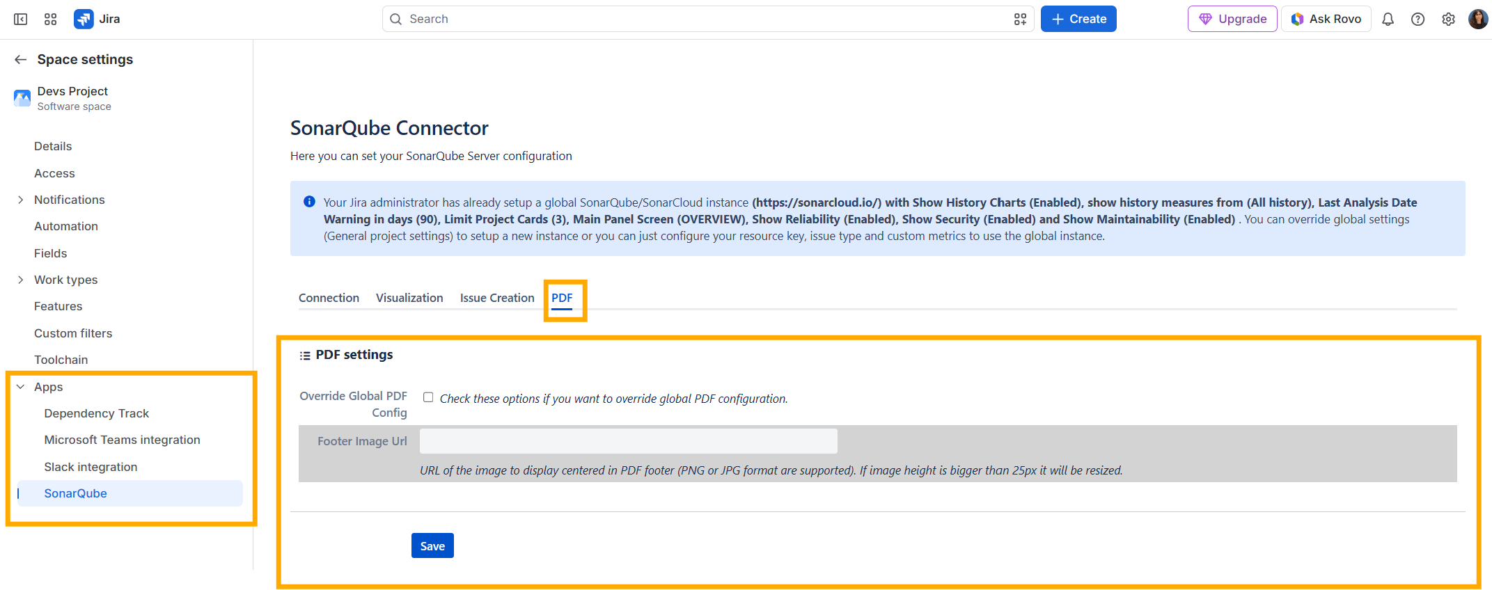 Configuración del pie de página del PDF por Espacio SonarQube Connector for Jira
