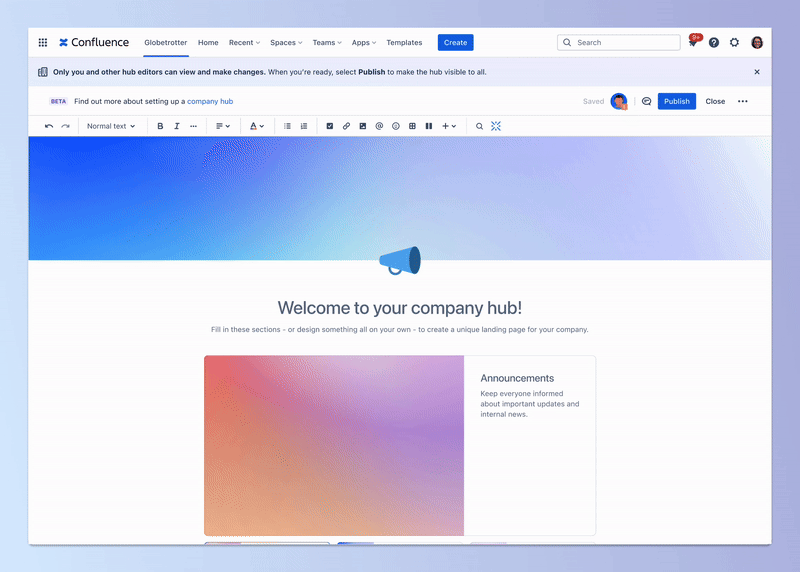Plantilla predeterminada del Company Hub en Confluence