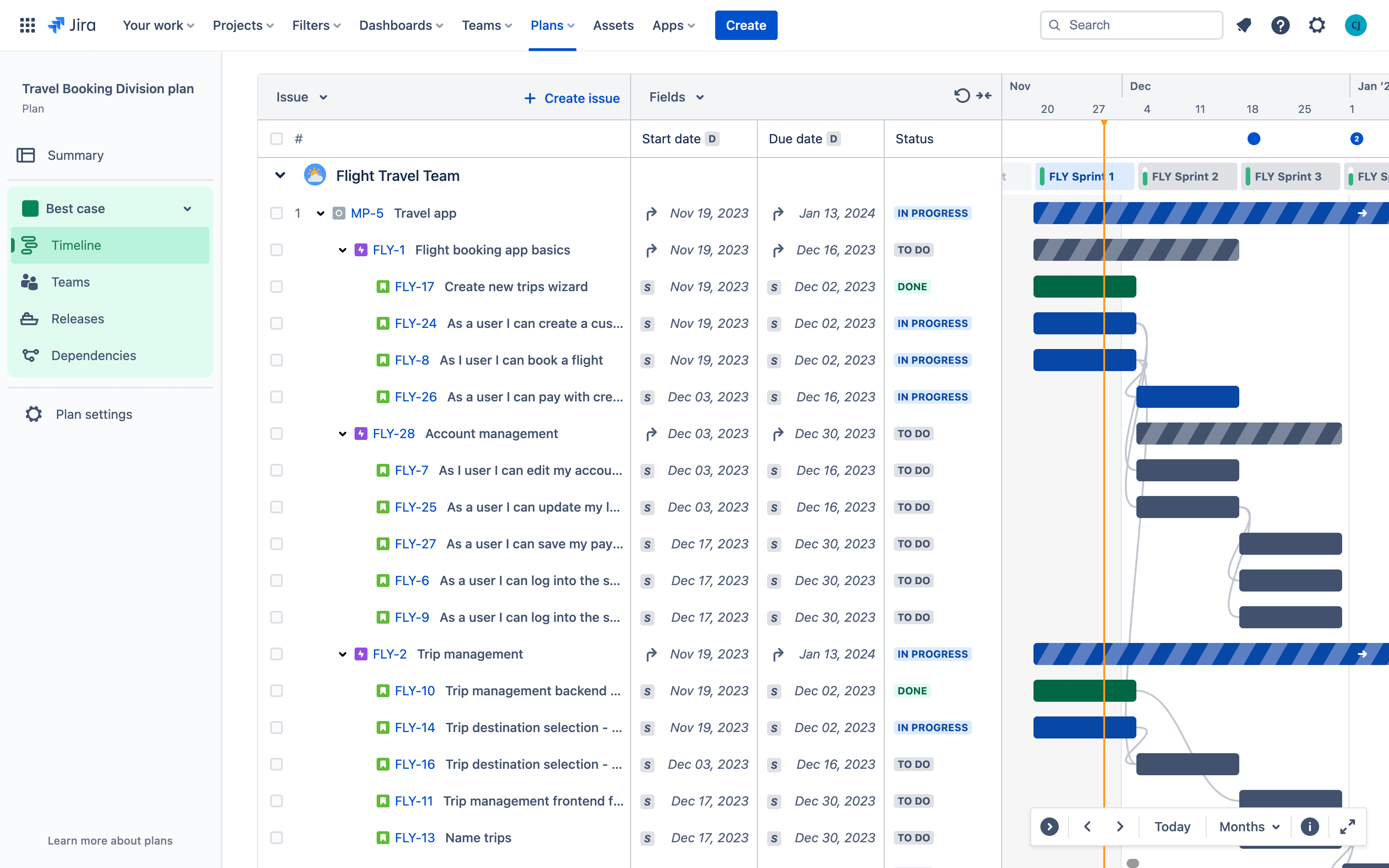 Vista de planificación de proyecto en Jira