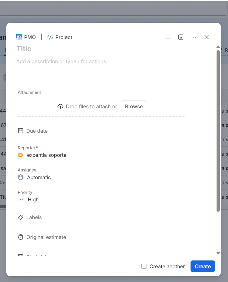 Nueva vista de creacion de work item Jira