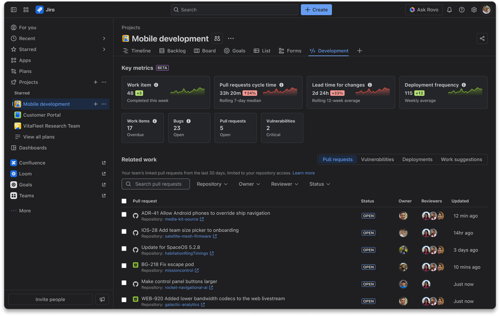 Pestaña development en Jira