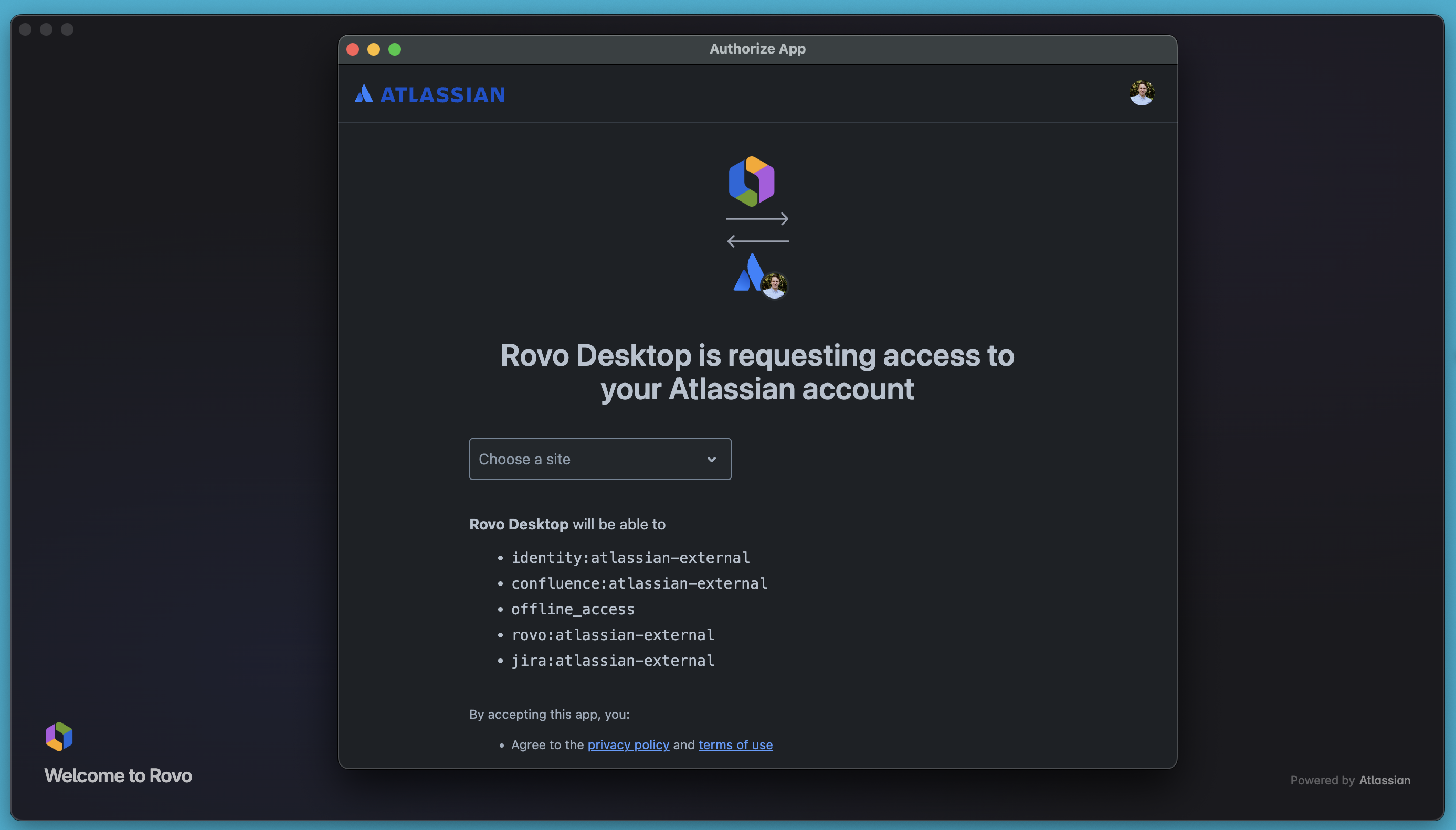 Rovo Desktop choose site