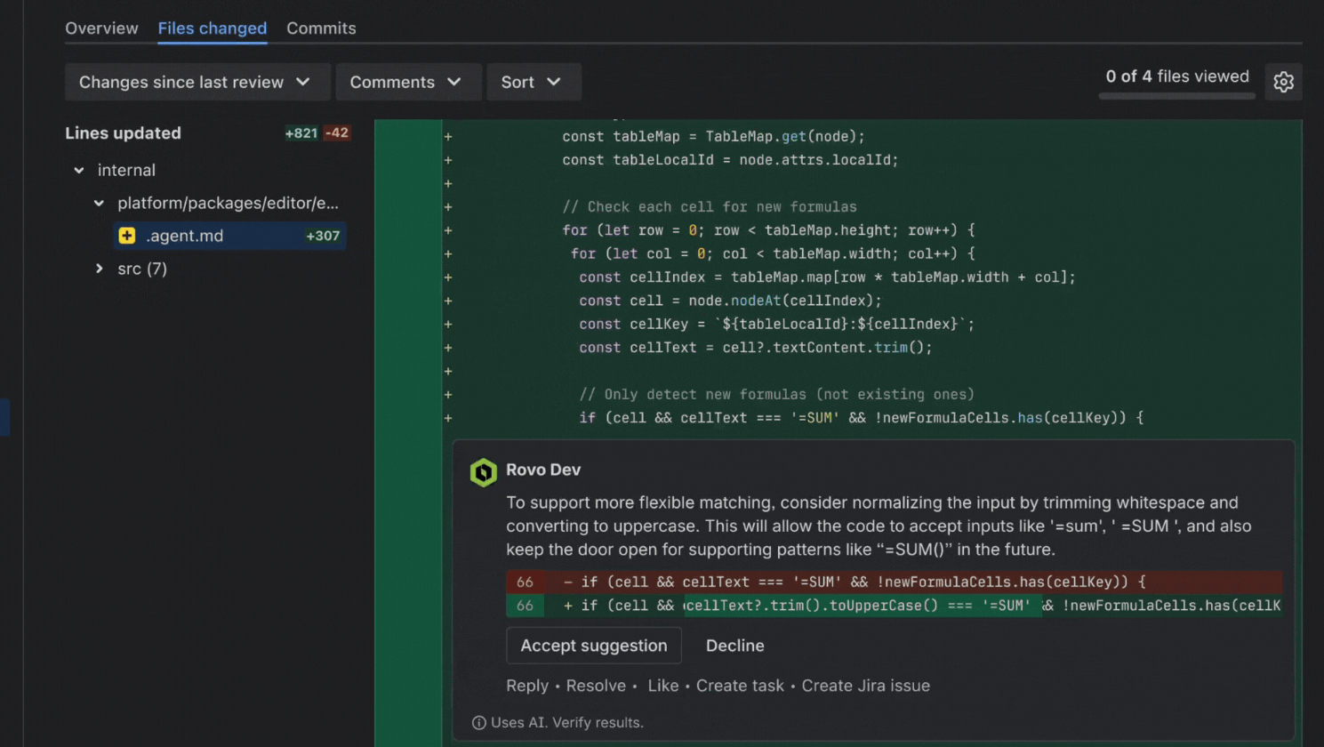 Imagen de una code review de Rovo Dev