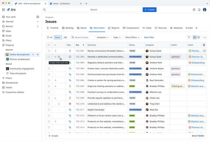 Vista de Work items en Jira