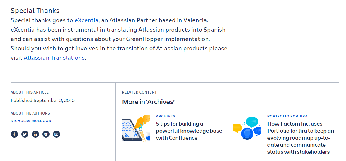 Screenshot del agradecimiento de Atlassian a excentia por su traducción al español de los productos Atlassian