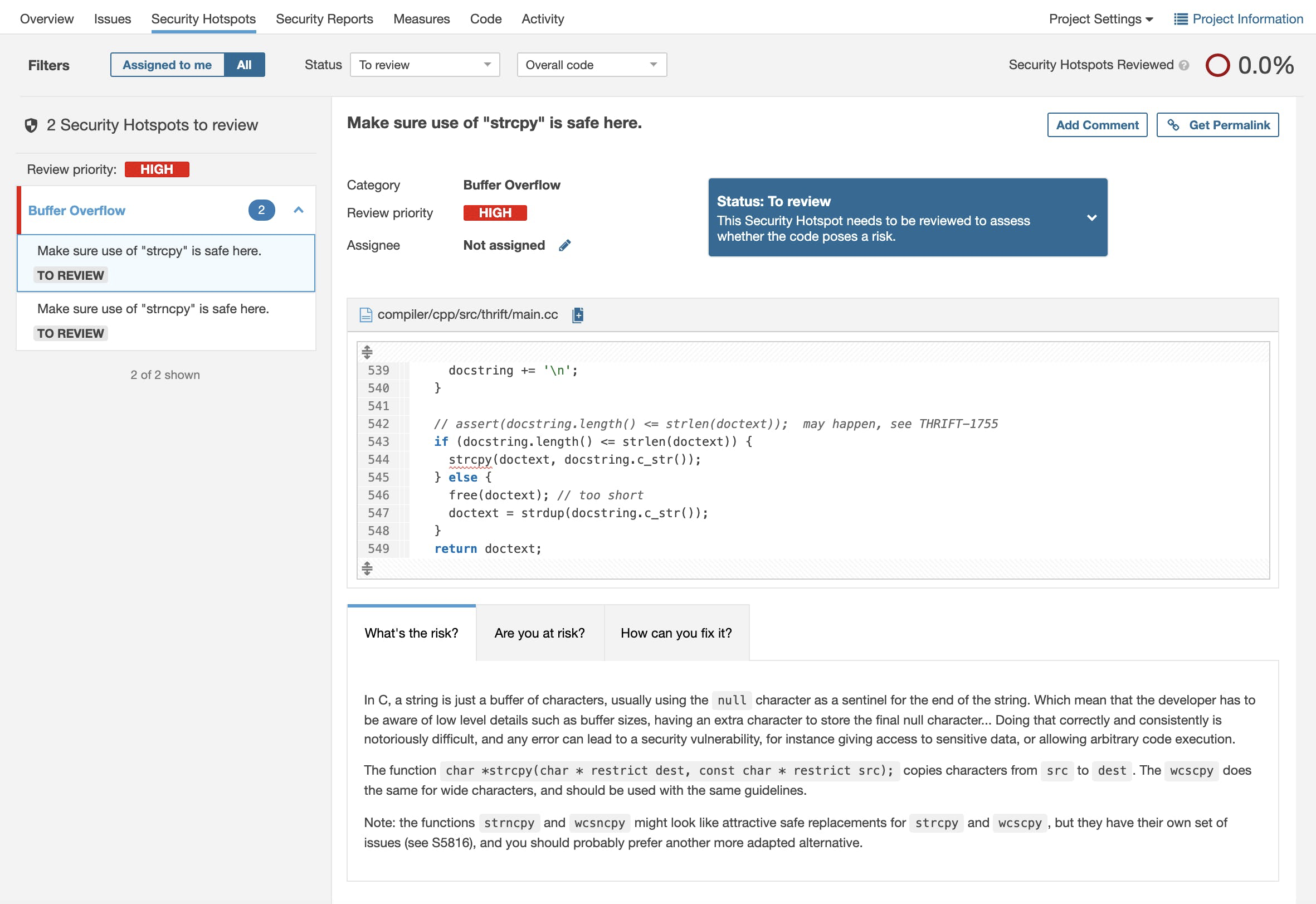 SonarQube - Interfaz de usuario dedicada de SonarQube Security Hotspot