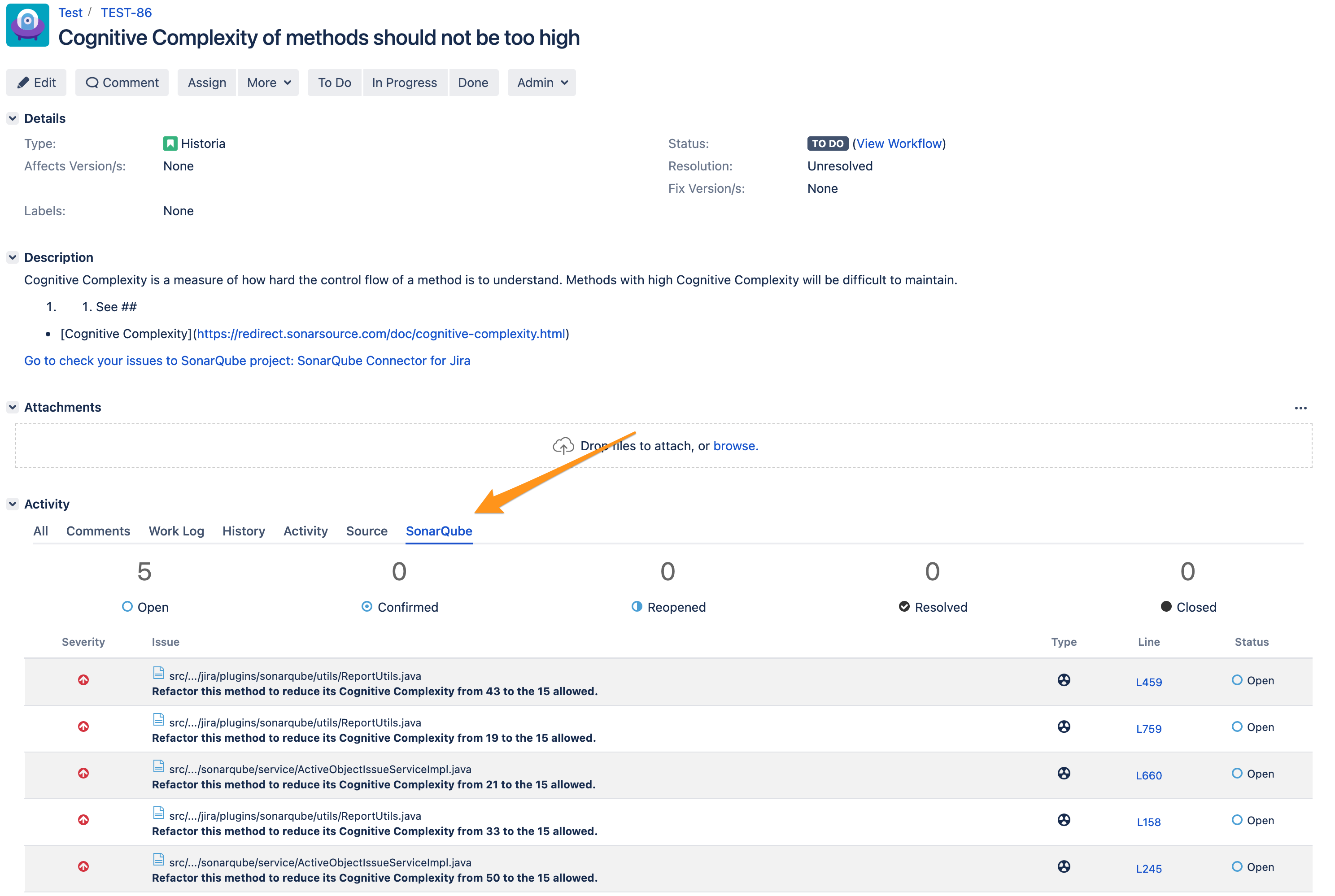 SonarQube Connector para Jira - Issue Tab