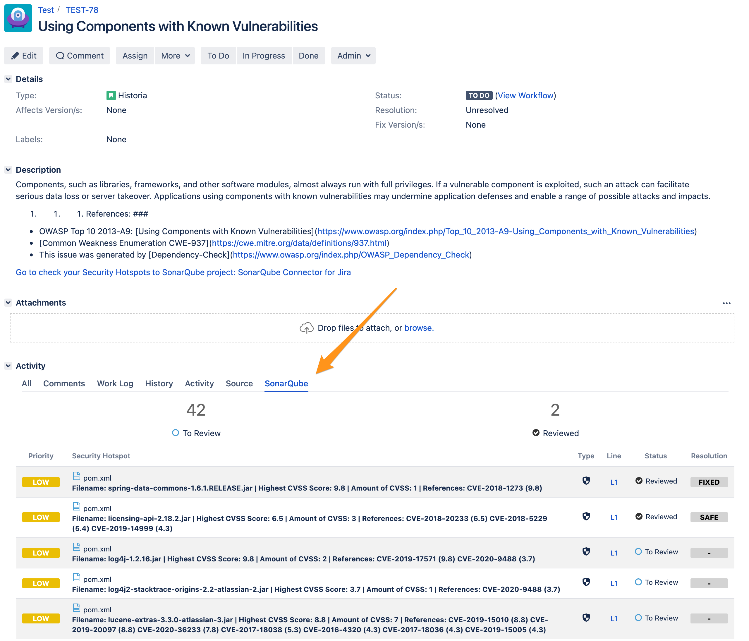 SonarQube Connector para Jira - Security Hotspot