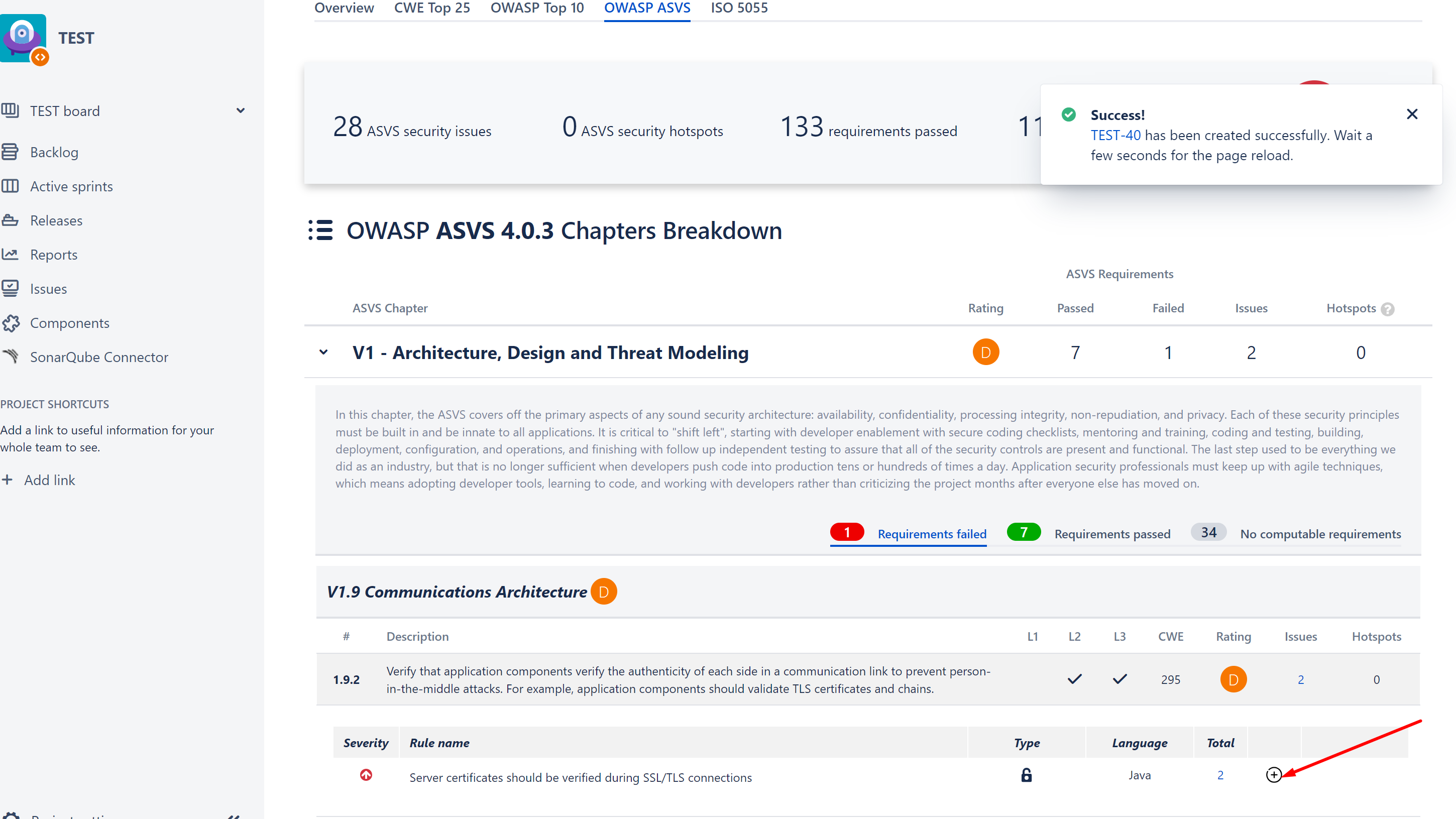 Crea issues en Jira desde ASVS