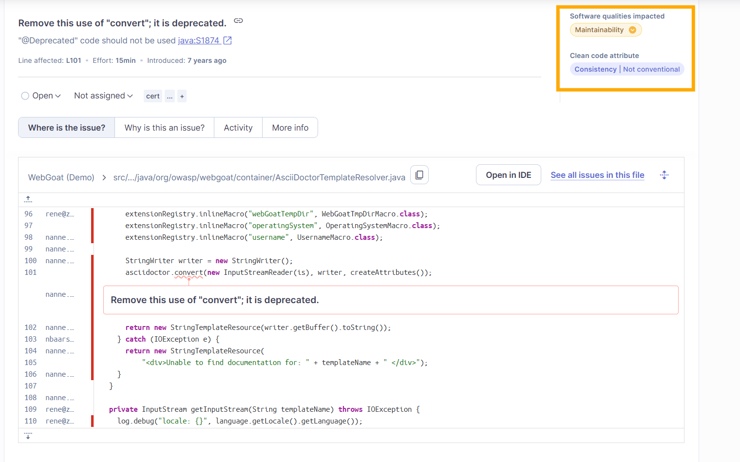 Ejemplo de issue deprecated en SonarQube