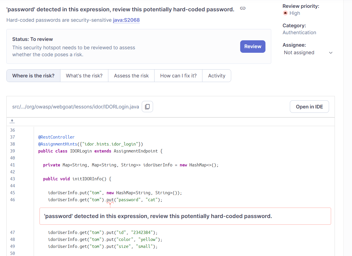 Ejemplo de Security Hotspot en SonarQube